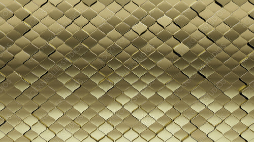 Glossy, Luxurious Mosaic Tiles arranged in the shape of a wall. Arabesque, Gold, Blocks stacked to create a 3D block background. 3D Render