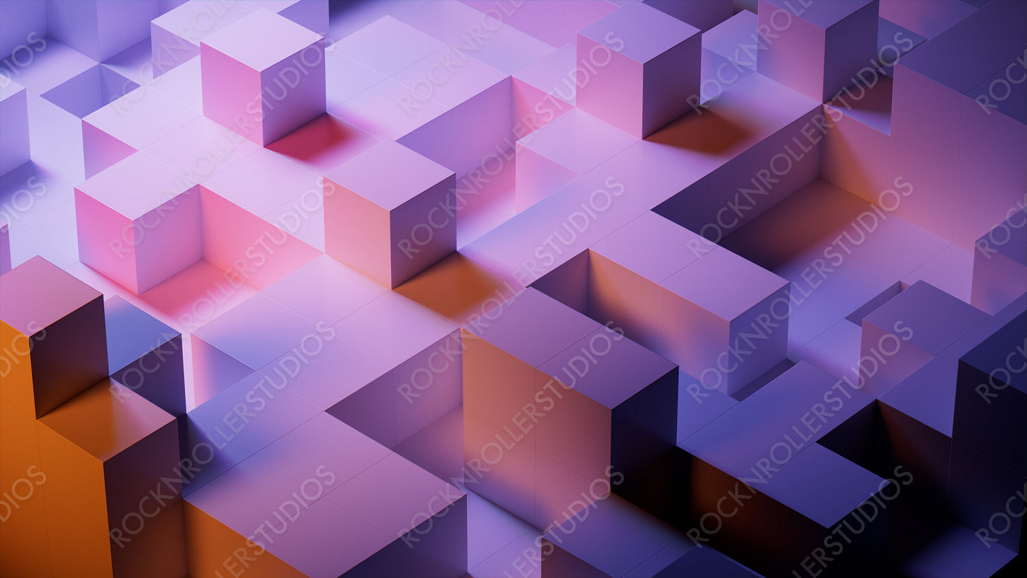 Perfectly Arranged Glossy Cubes. Violet and Orange, Contemporary Tech Wallpaper. 3D Render.