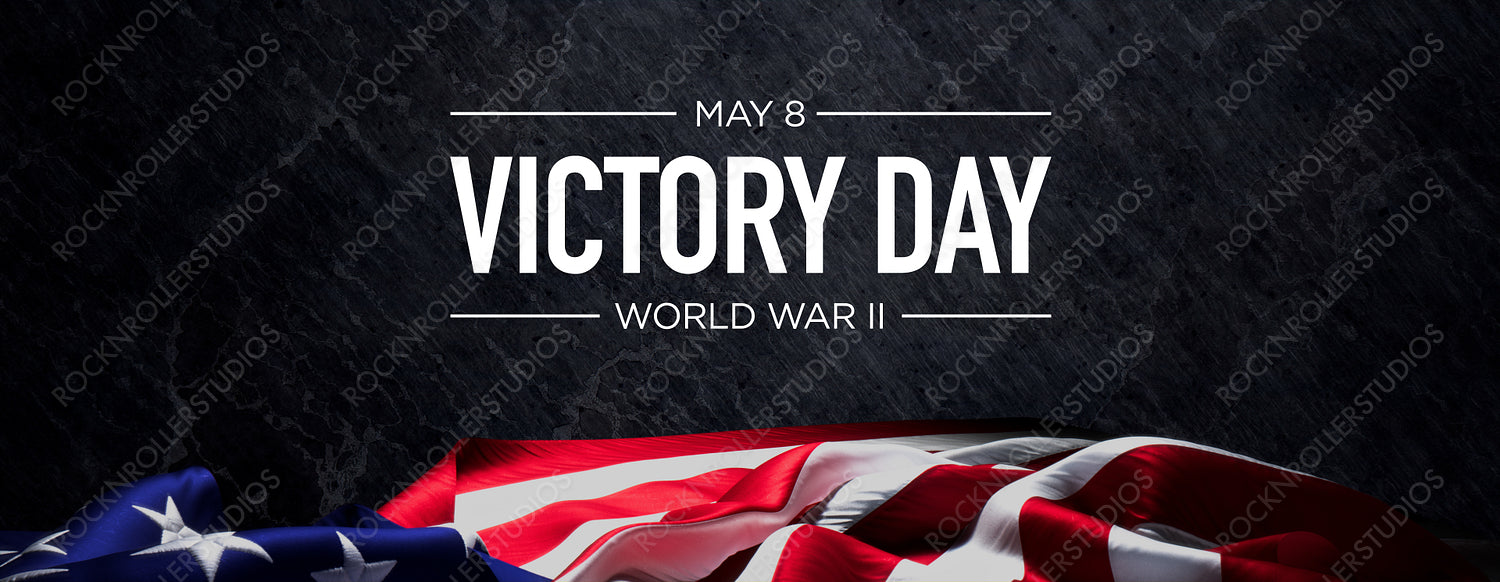 May 8 Victory Day Tribute: Bold Text & American Flag on Textured Background