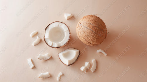 Fresh Coconut Pieces Arranged on a Soft Pink Background