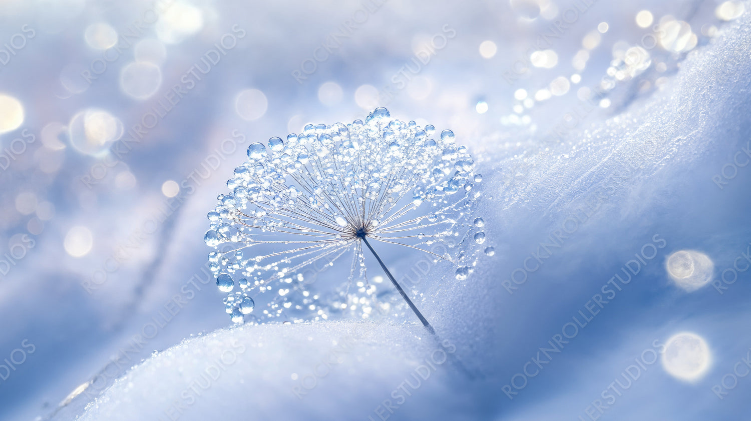 Delicate Dandelion Seed Covered in Frost on Snowy Field with Winter Lights in the Background