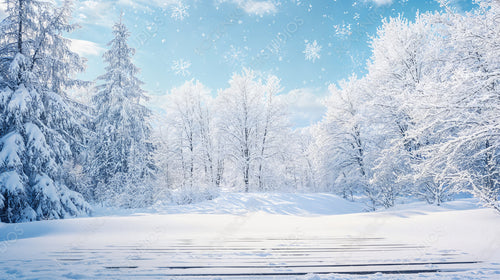 Serene Snow-Covered Forest with Snowflakes Falling Gently from the Sky