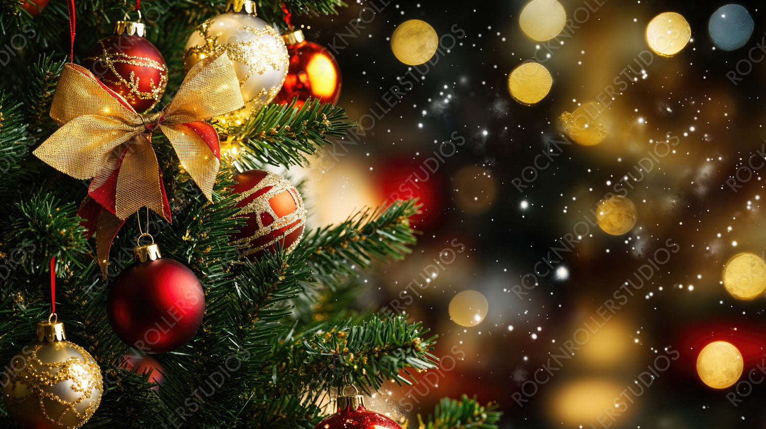 Christmas Tree with Red and Gold Ornaments and Twinkling Lights in a Cozy Setting