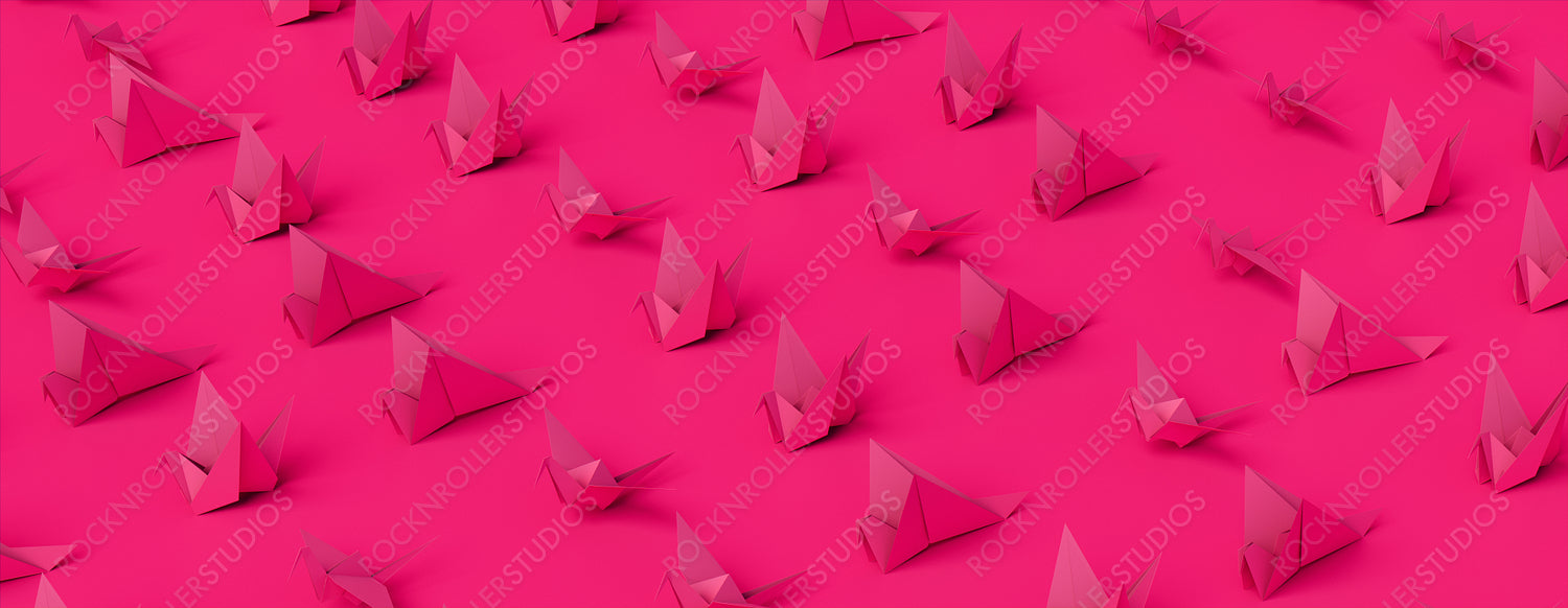 Collection of Pink Origami Birds on Pink Background. Contemporary Design with Folded Paper Birds.