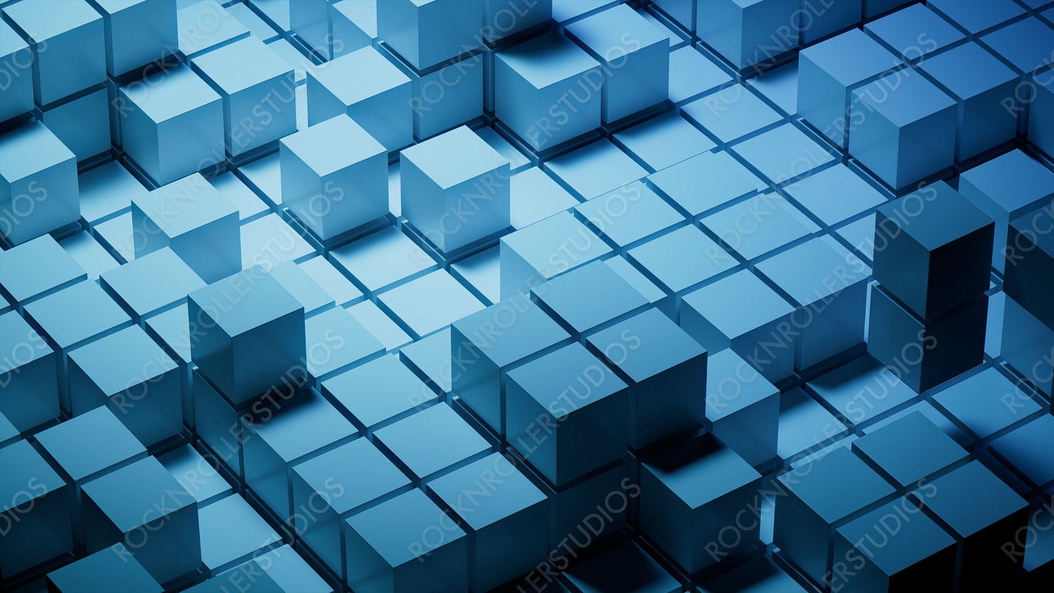 Blue, Glossy Cubes Neatly Constructed to create a Modern Tech Background. 3D Render.