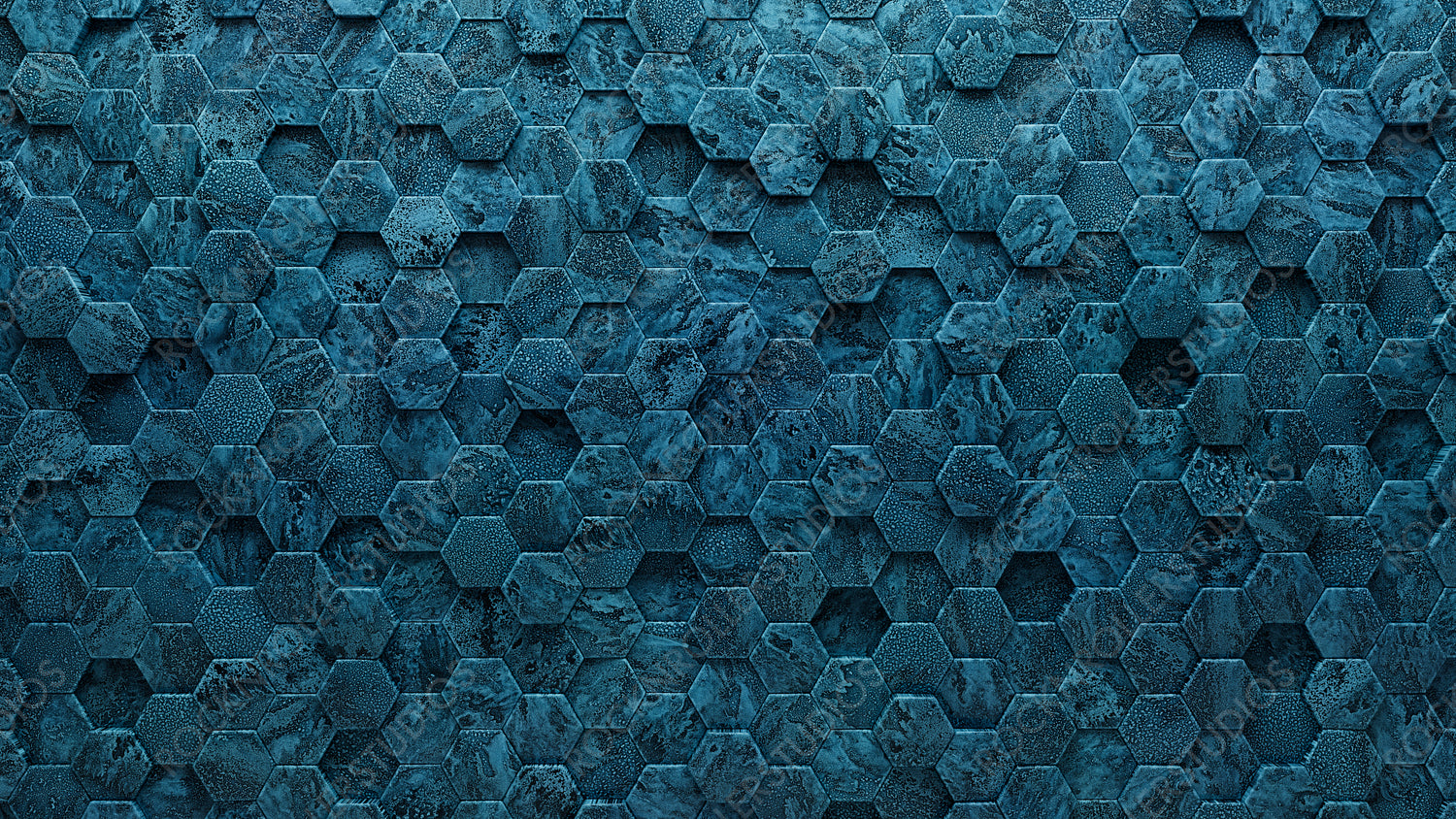 Hexagonal, Blue Patina Wall background with tiles. 3D, tile Wallpaper with Glazed, Polished blocks. 3D Render