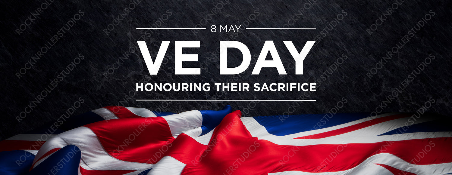 VE Day Tribute: Union Jack and Solemn Text on Grunge Background : Honoring WWII Sacrifices