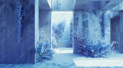 Mystical Blue Interior with Abstract Floral Elements - Dreamy Indoor Space