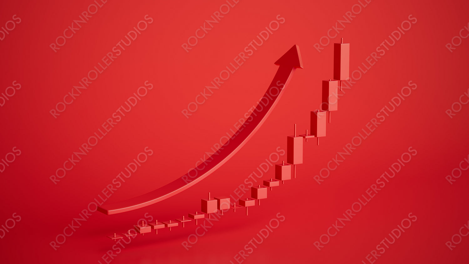 Sleek 3D Render of Rising Arrow and Candlestick Charts: Symbolizing Market Growth and Investment Success