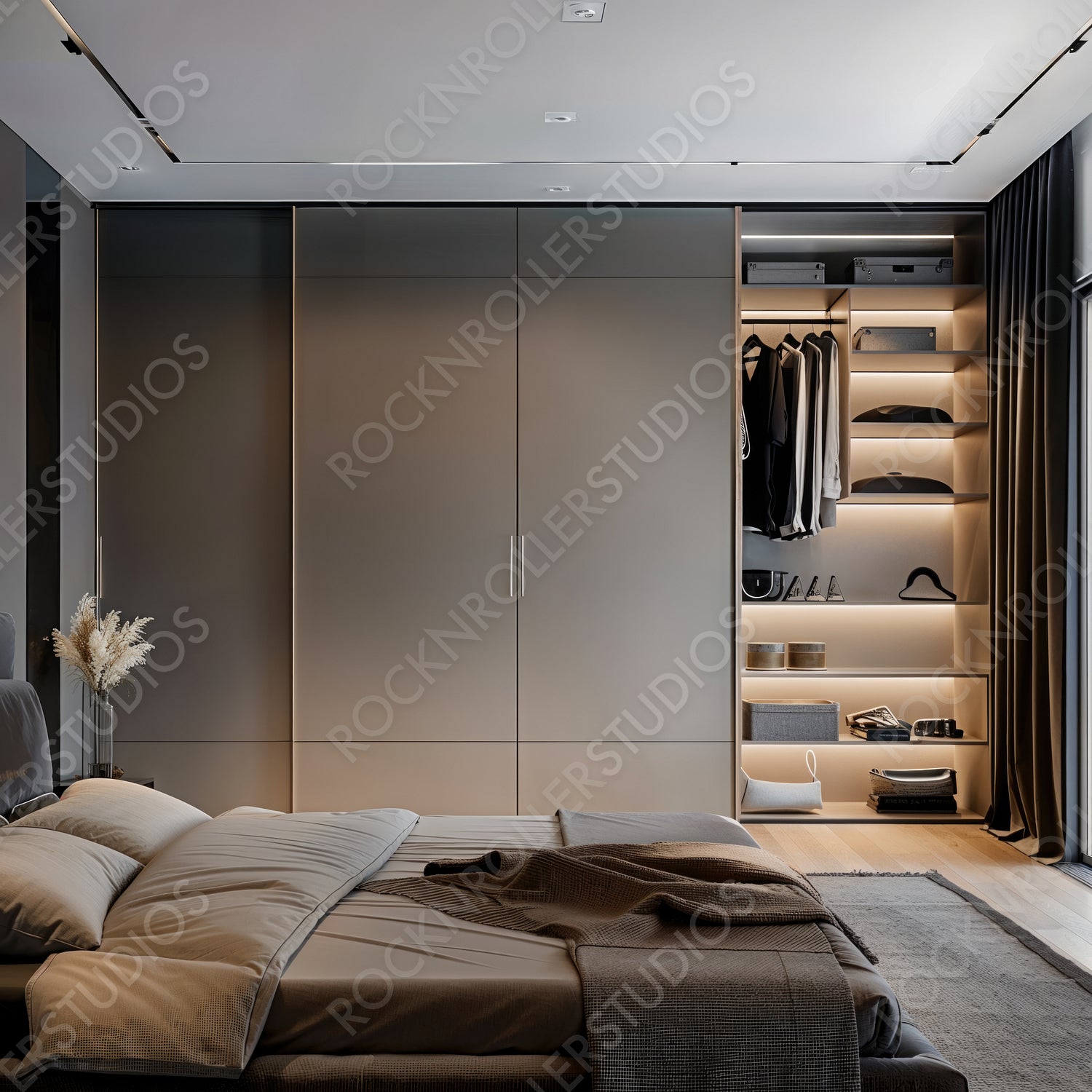 Stylish Modern Bedroom with Elegant Built-in Wardrobe and Cozy Decor