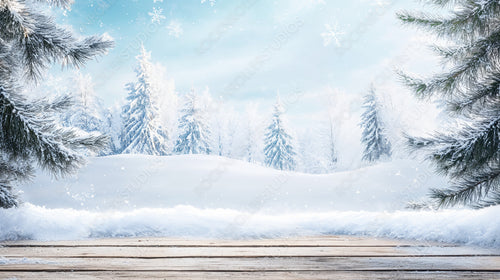 Wooden Deck Covered in Snow with Beautiful Snowy Pine Trees in the Distance