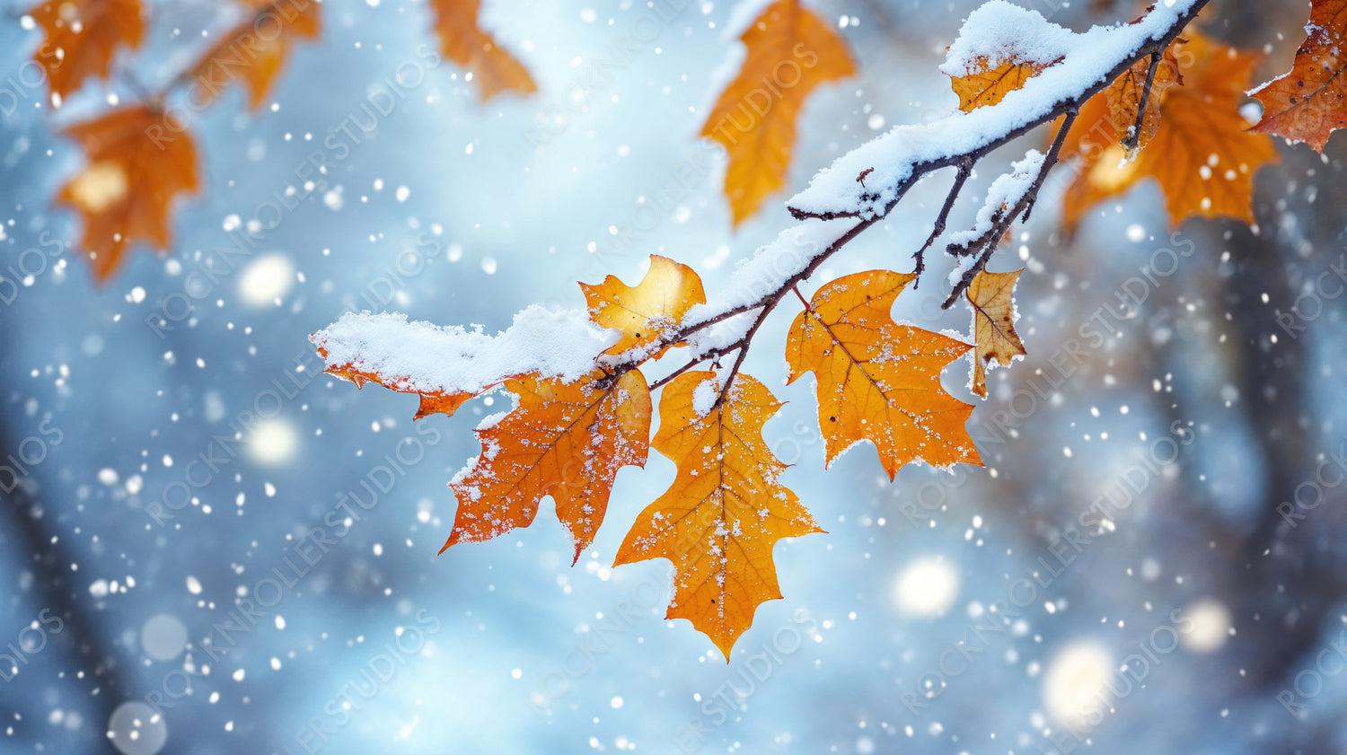 Vibrant Autumn Leaves Covered in Snowflakes Against a Wintry Backdrop