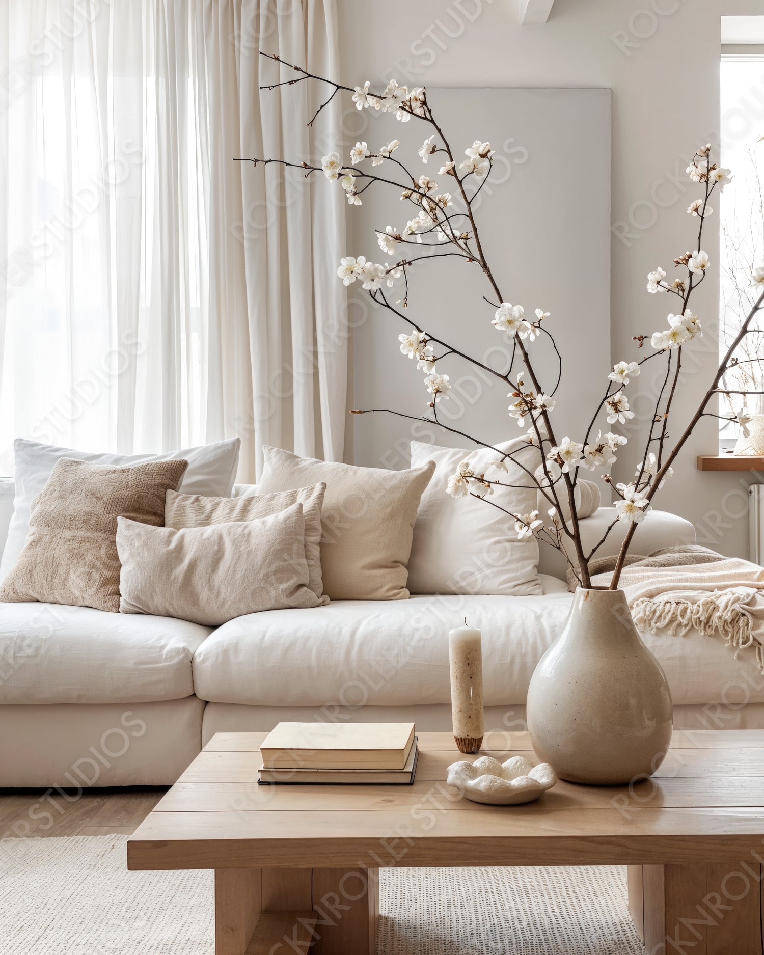 Serene Living Room Oasis: Spring Decor in Neutral Tones with Natural Light