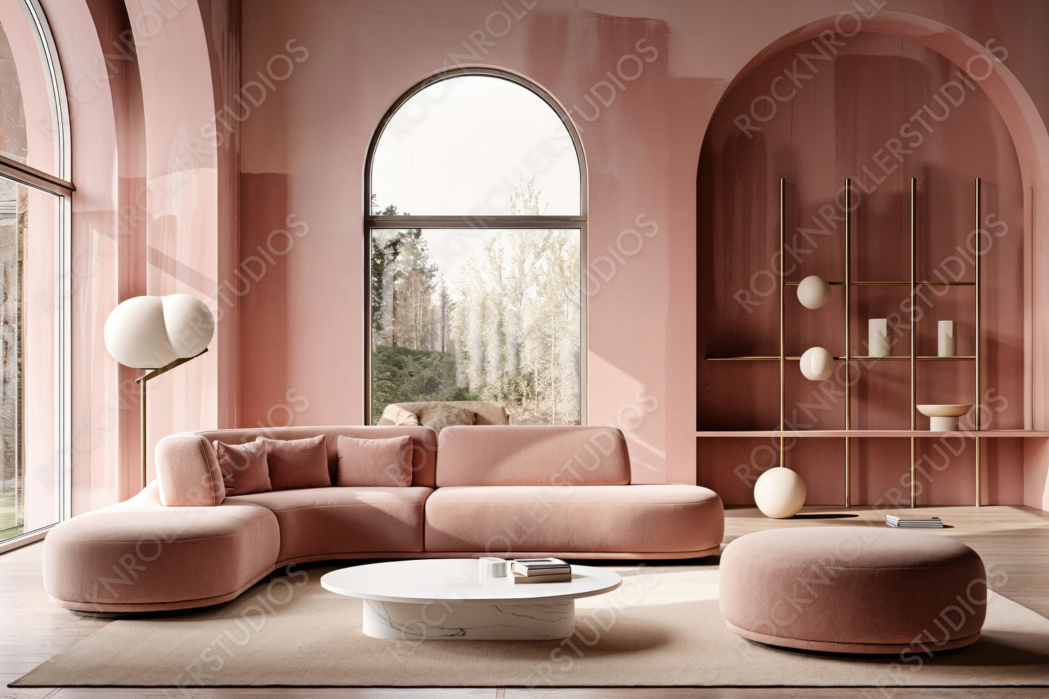 Chic Contemporary Living Room with Plush Pastel Sofas and Marble Accents