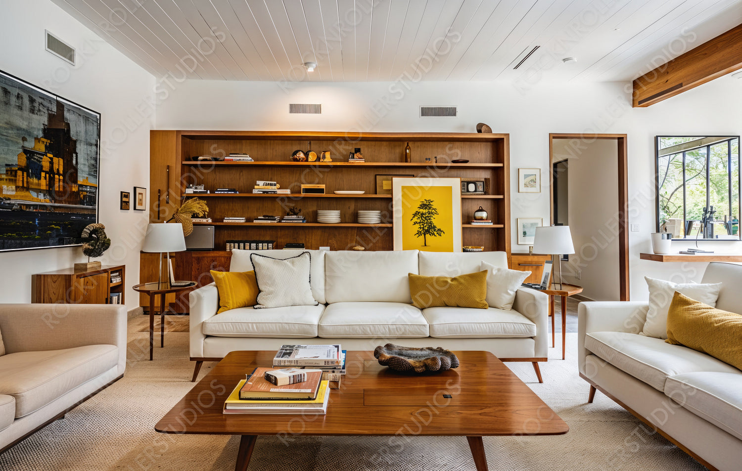 Elegant Modern Living Room with Stylish Decor and Sunlit Ambiance