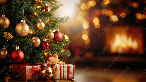 Festive Christmas Tree Decorated with Ornaments and Presents by a Cozy Fireplace