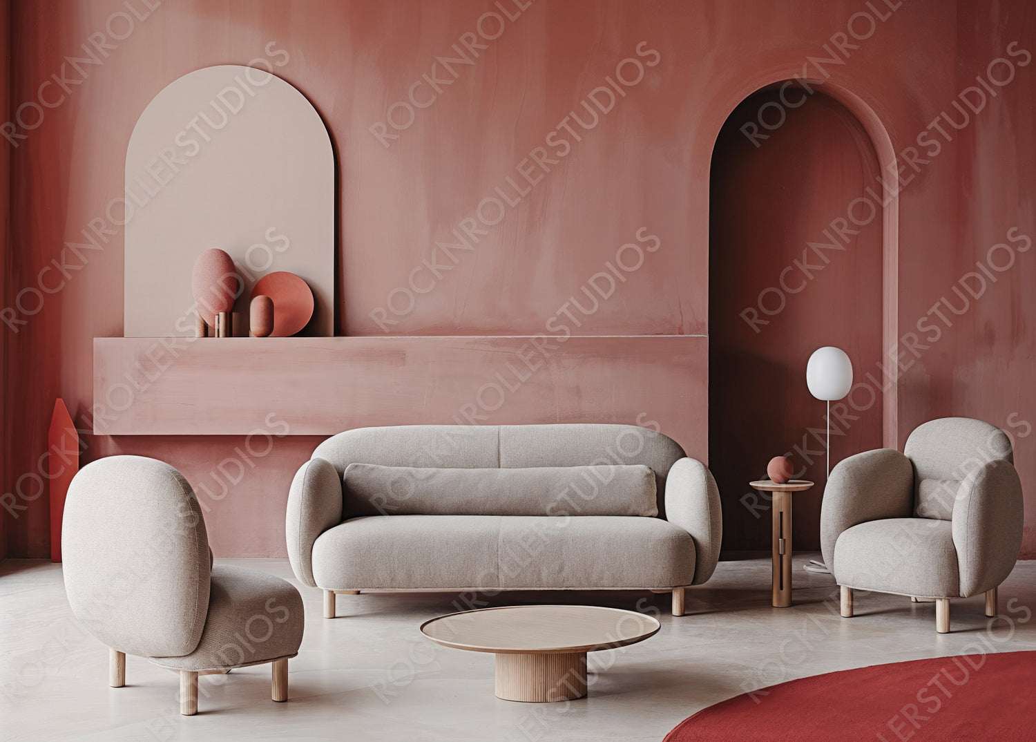 Chic Modern Living Room in Red and Pink Tones with Stylish Rounded Furniture and Minimalist Decor
