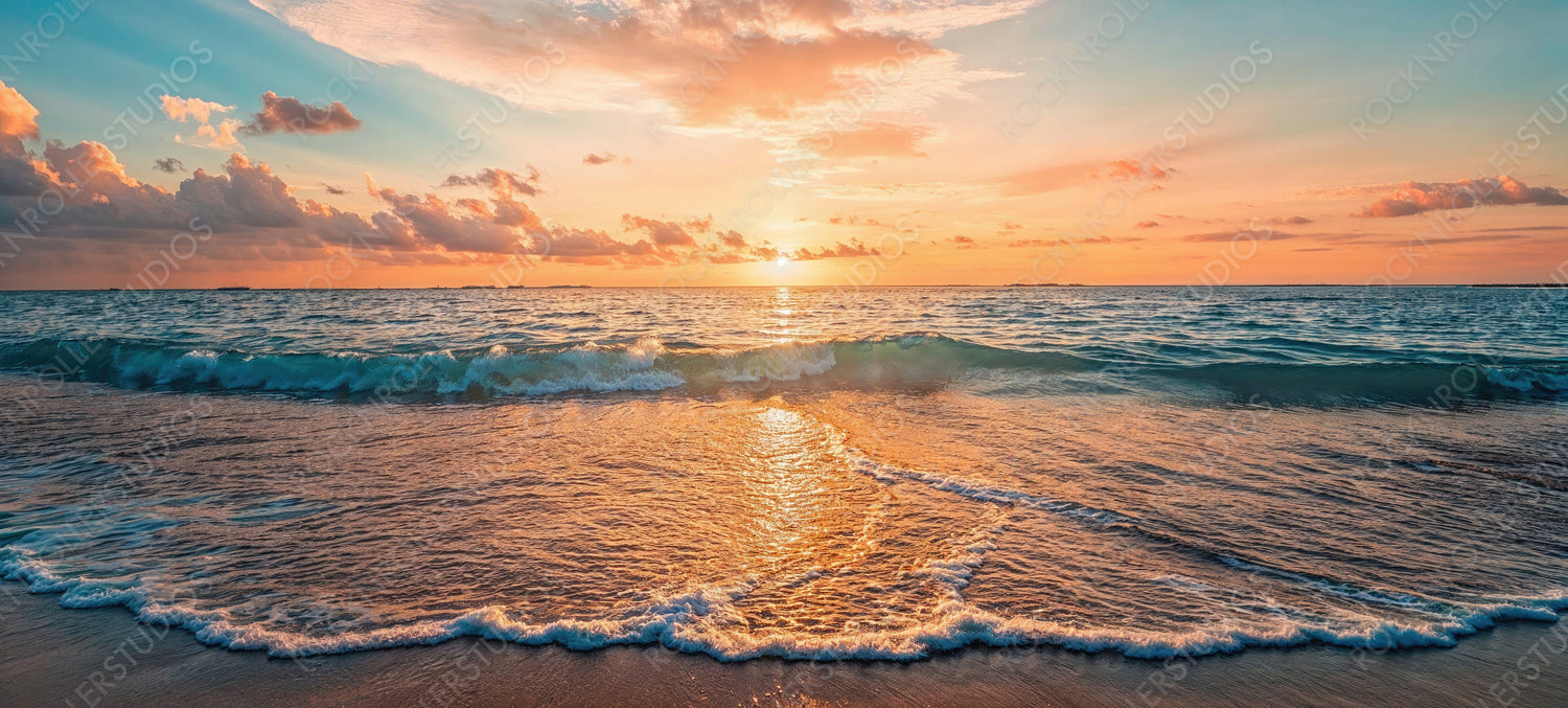 Stunning Sunrise Beach in Florida. Paradise get-away Scenery. Well-being banner.