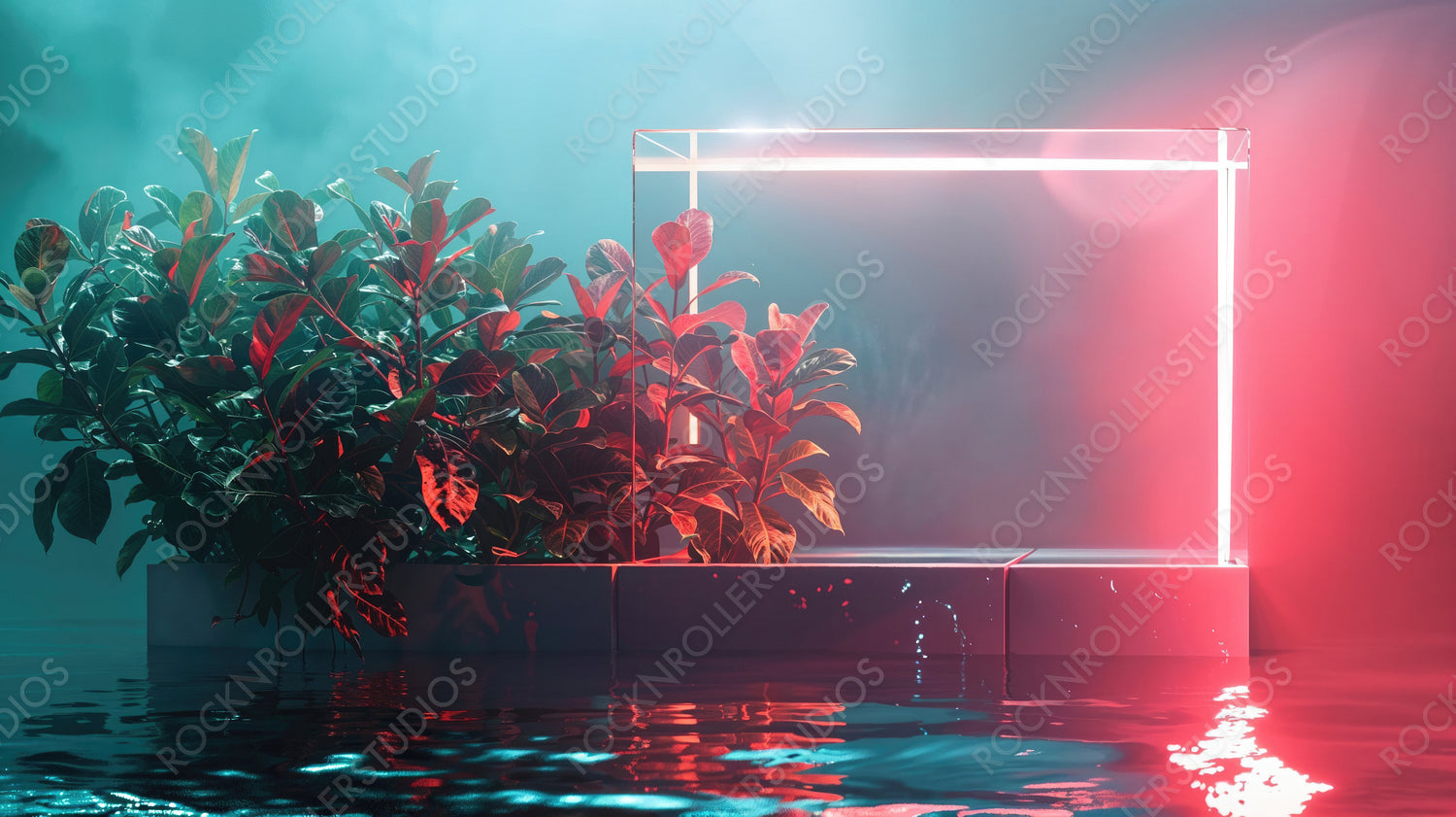 Modern design with neon lights and plants in a futuristic, reflective water setting