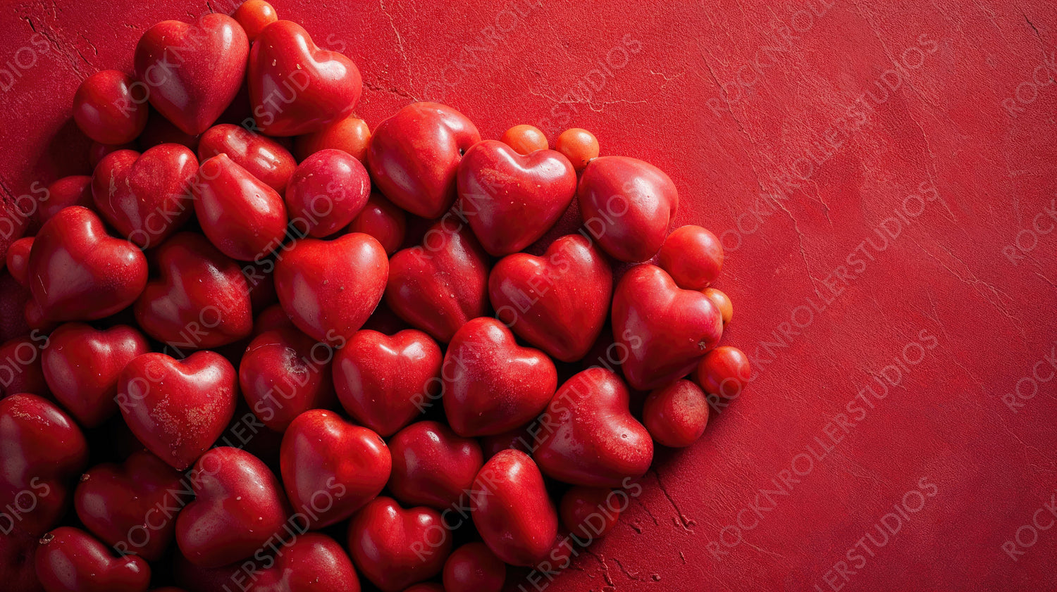 Red Valentine’s Day Background with Heart Shaped Fruits. Food Themed Wallpaper with copy-space.