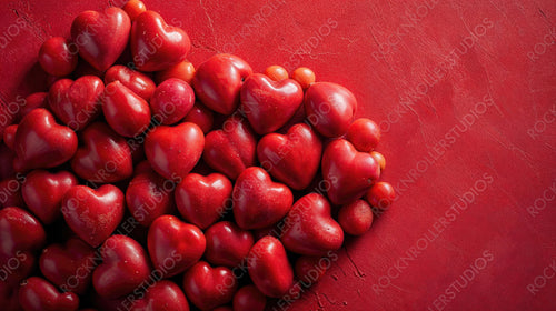 Red Valentine’s Day Background with Heart Shaped Fruits. Food Themed Wallpaper with copy-space.