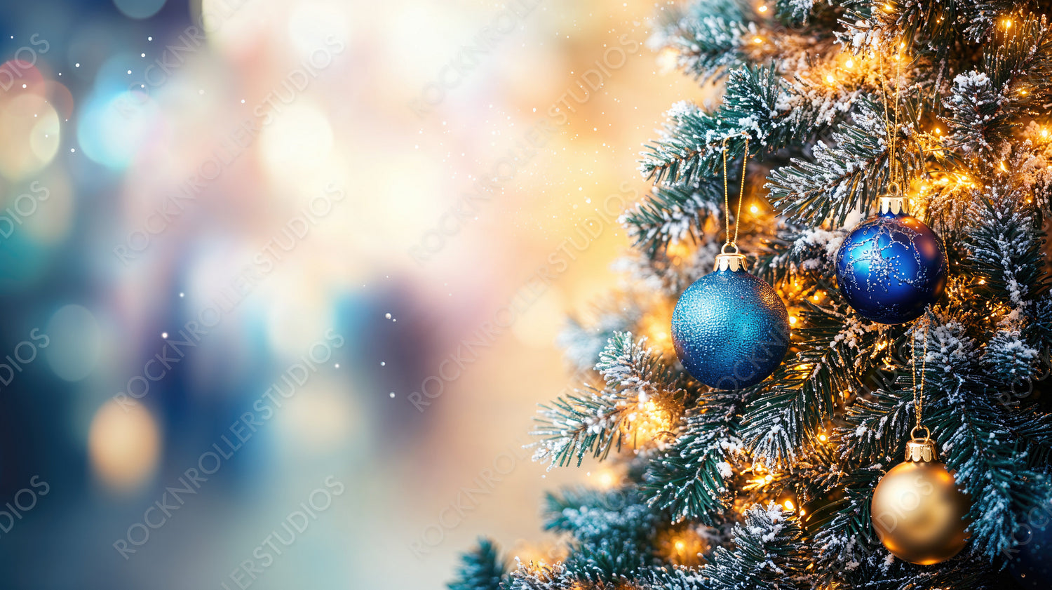 Beautiful Christmas Tree Decorated with Golden Ornaments and Stars in a Soft Holiday Glow