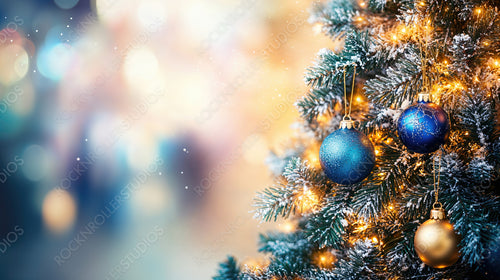 Beautiful Christmas Tree Decorated with Golden Ornaments and Stars in a Soft Holiday Glow