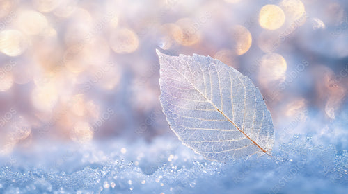 Frozen Frosty Leaf in Sparkling Snow with Winter Bokeh Lights in Background