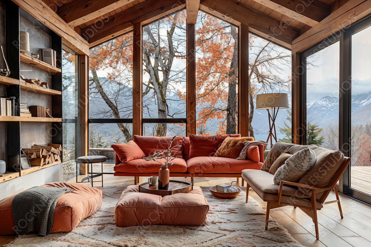 Modern Rustic Retreat: Stylish Mountain Home Interior with Expansive Forest Views