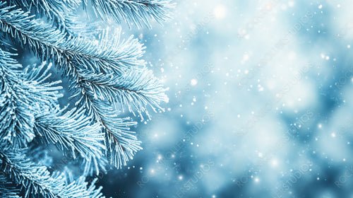 Frost-covered evergreen branch with glowing holiday lights in a serene snowy background