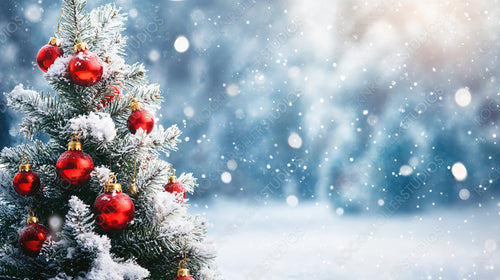 Snowy Christmas Tree with Red Baubles in a Winter Wonderland Setting