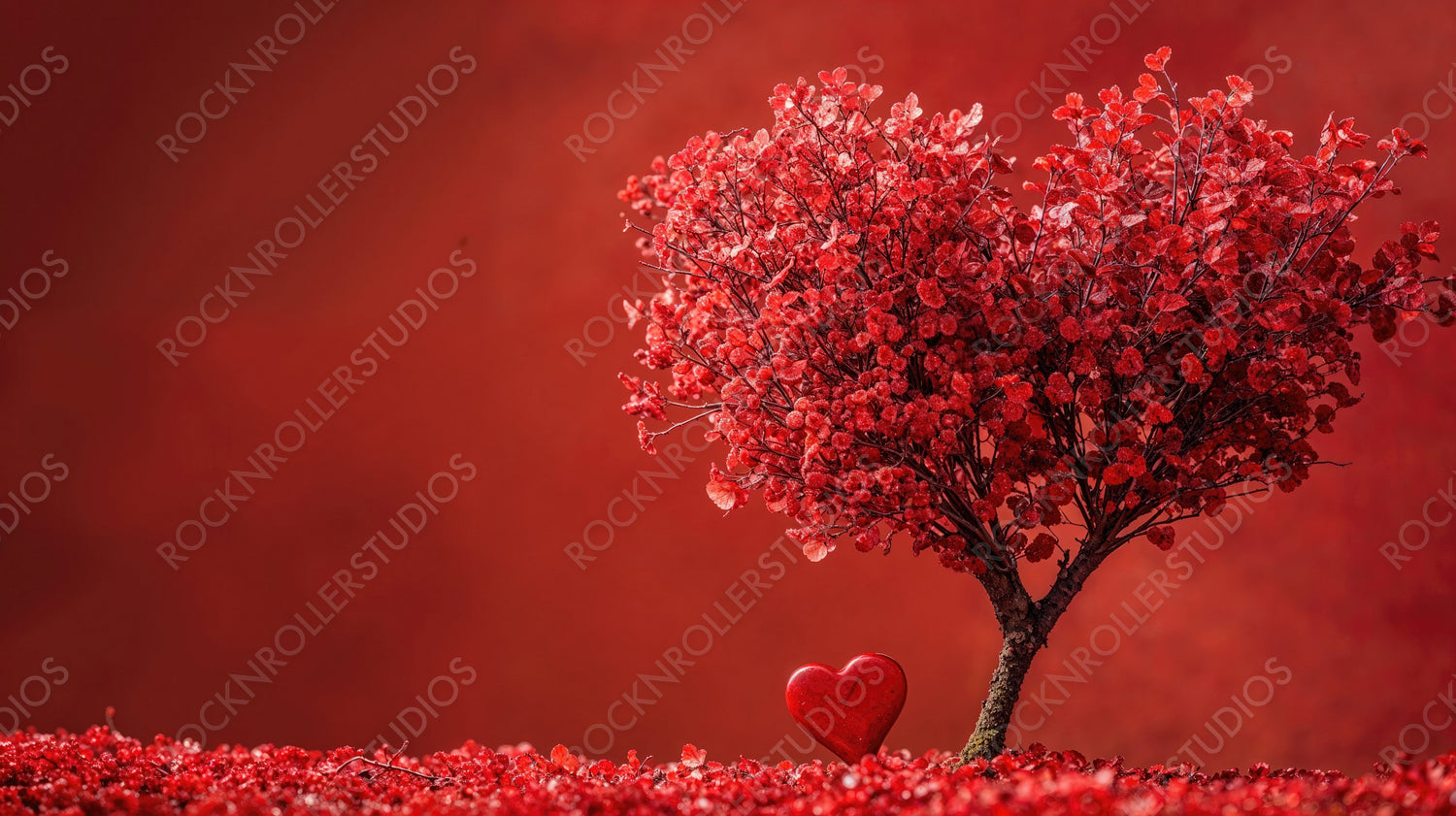 Beautiful Bonsai Tree with Red Leaves in the Shape of a Love Heart. Romantic, Natural Valentine’s Day Background.
