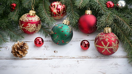 Christmas Garland with Pine Cones and Red Ornaments on Rustic White Wood