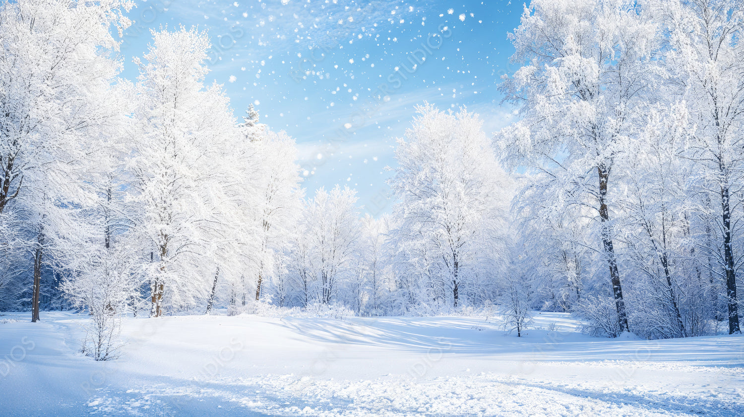 Bright Winter Day in a Snow-Covered Forest, Capturing the Serenity of a Snowy Wonderland