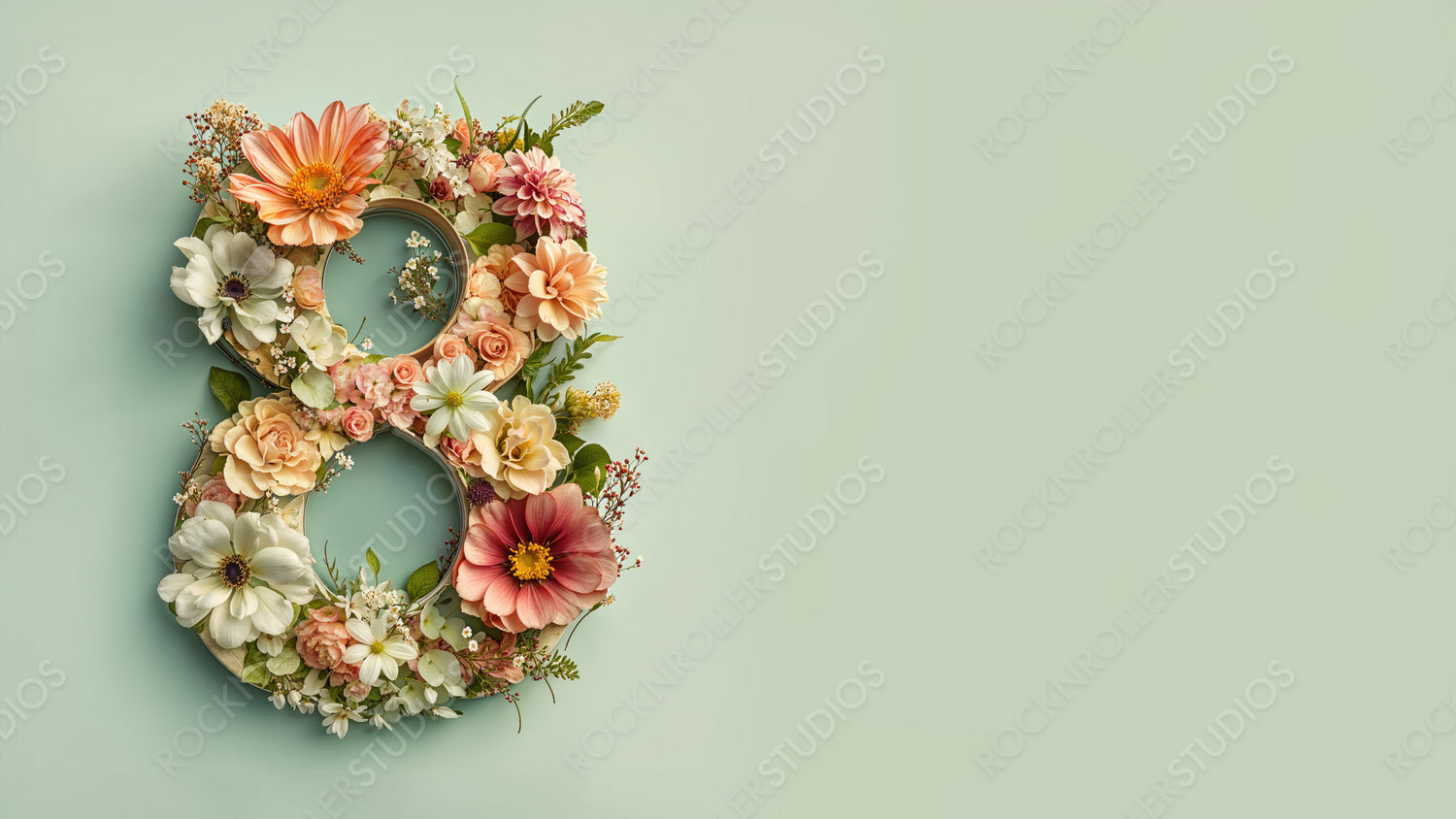 Number 8 in a Green Floral Design. Premium Botanical Wallpaper with Flowers and copy-space, to Celebrate International Woman's Day.