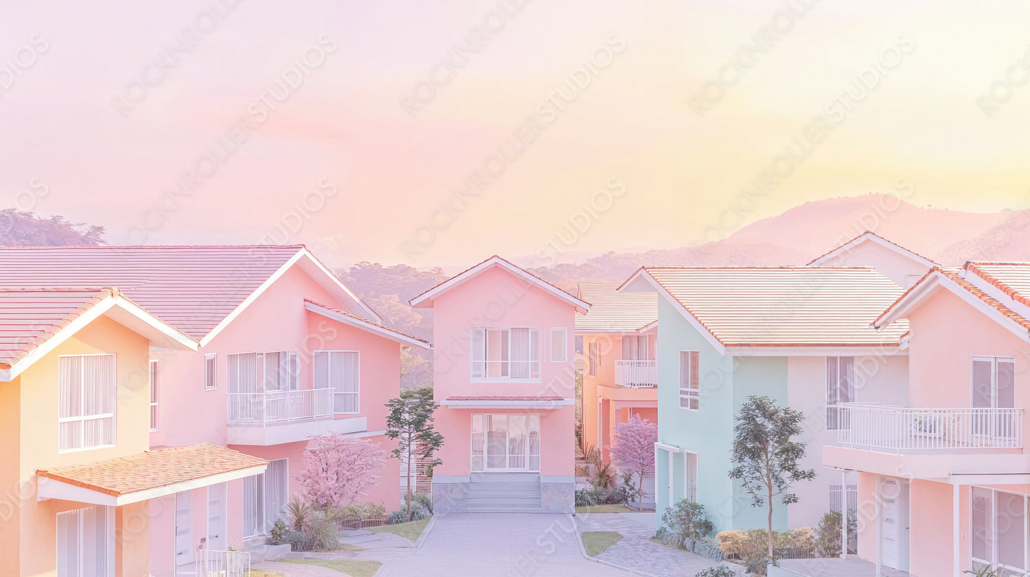 Sun-Kissed Suburban Dream: Pastel Houses in a Tranquil Neighborhood at Dawn or Dusk