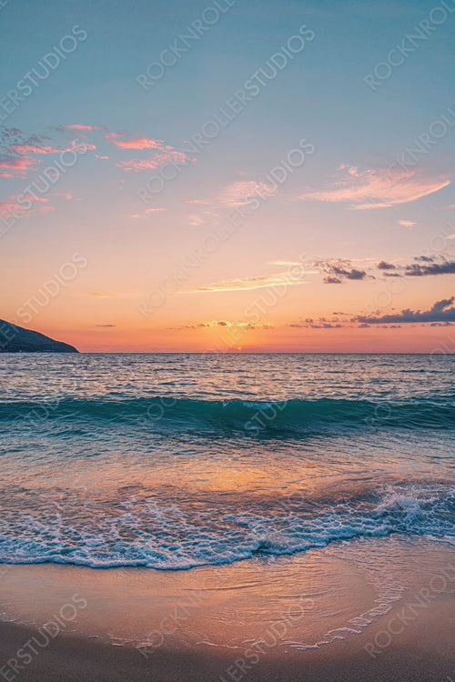 Travel background with Idyllic Sunrise Beach. Luxury get-away Seascape.