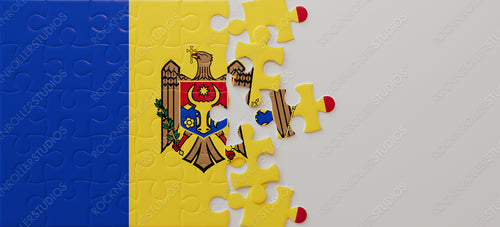 Partially Assembled Moldova Flag Puzzle Showcasing Vibrant Heraldry with Eagle and Symbols