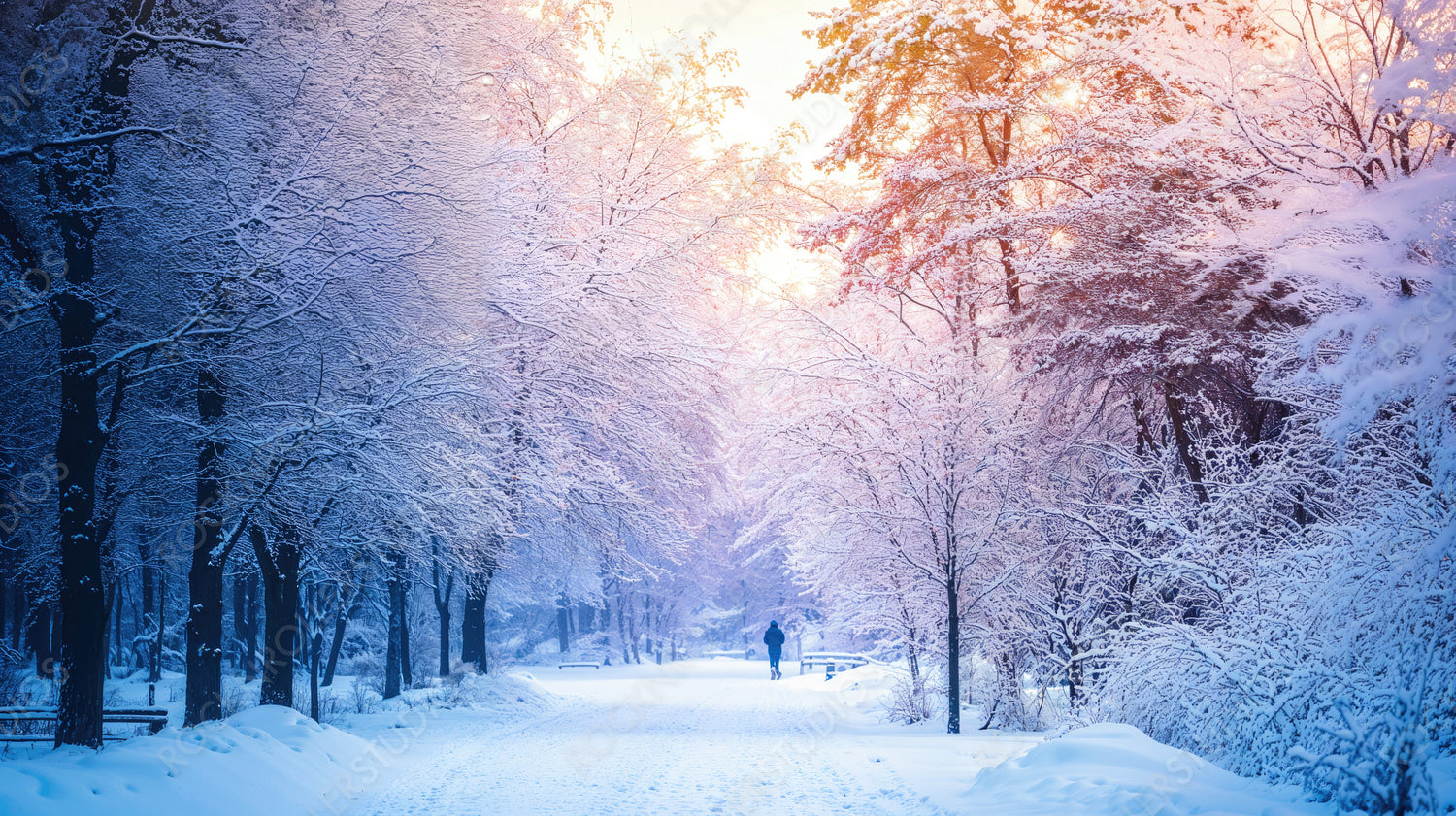 Serene Winter Wonderland Walk Through a Snowy Park with Snow-Covered Trees