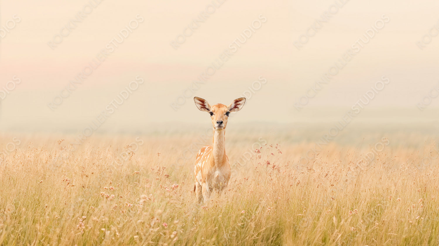 Serene Golden Hour: Young Deer in Ethereal Grassland