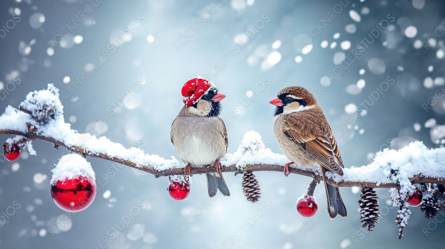 Adorable Birds Perched on a Snowy Branch with Red Ornaments and a Holiday Vibe