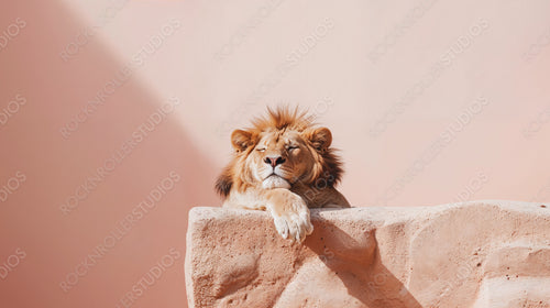 Majestic Lion Resting on Pink Rock