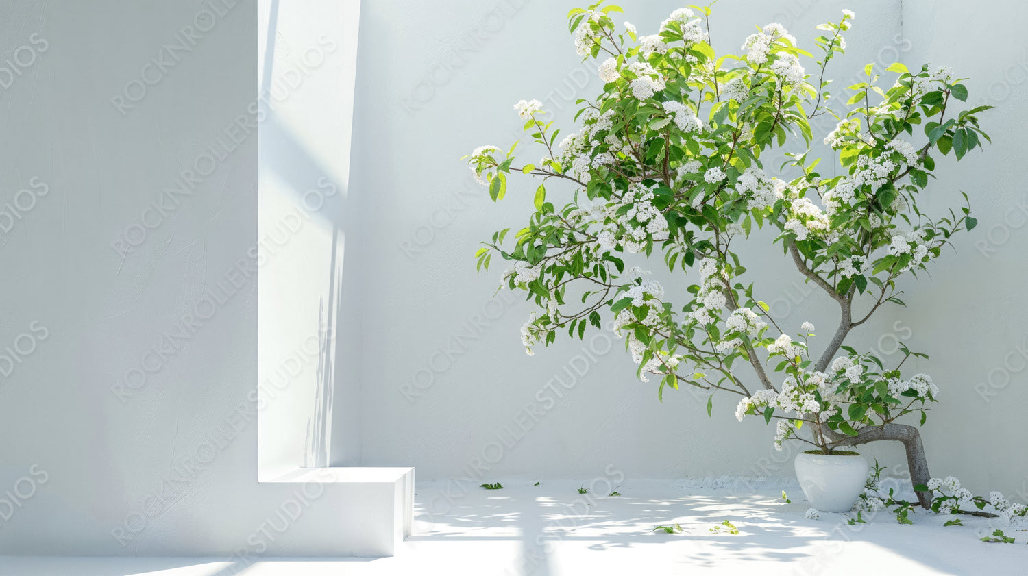 Sunlit Room with Blossoming White Flowers in a Pot