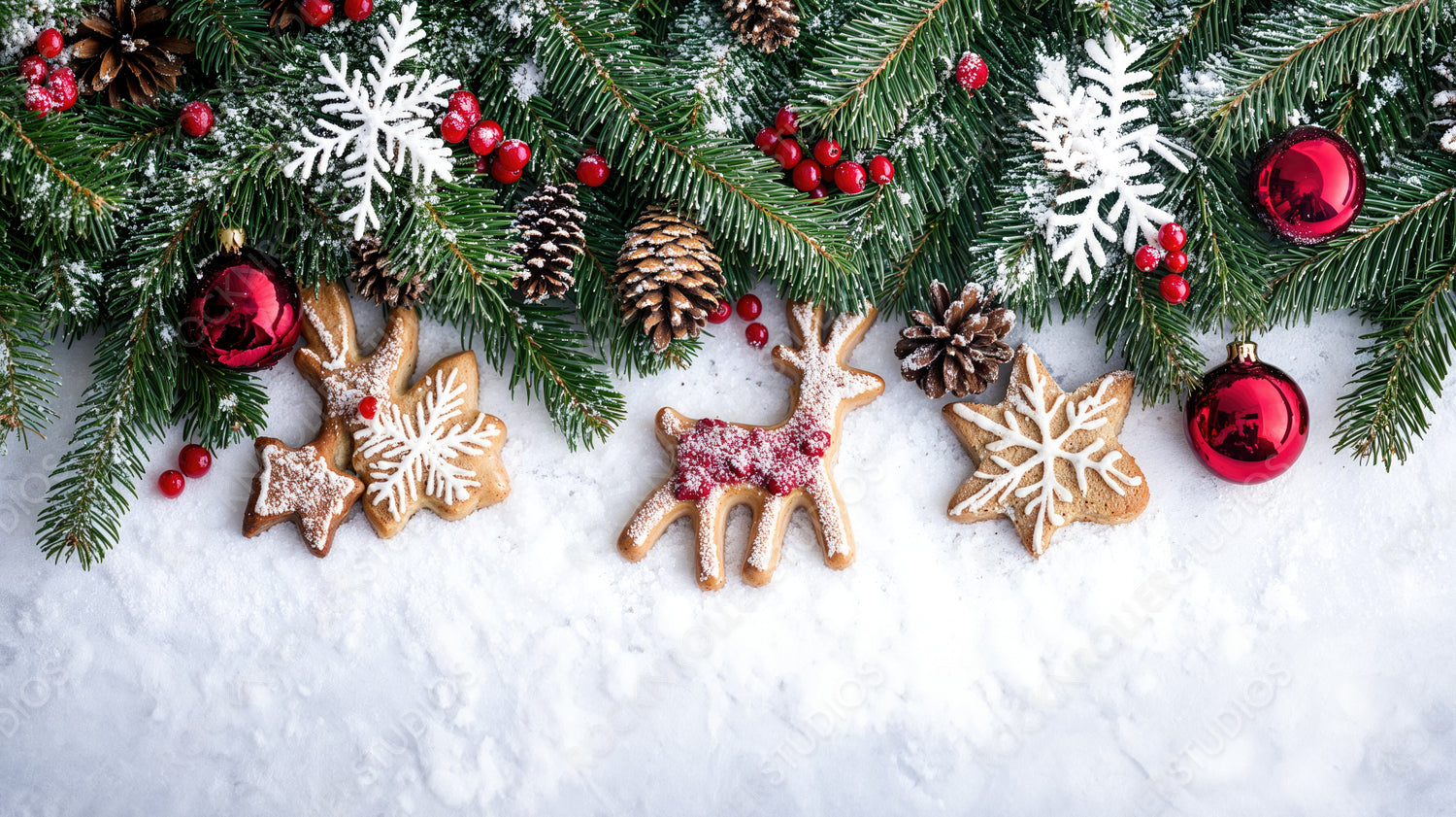 Christmas Cookie Decorations and Evergreen Garland with Ornaments, Perfect for Holiday Cheer