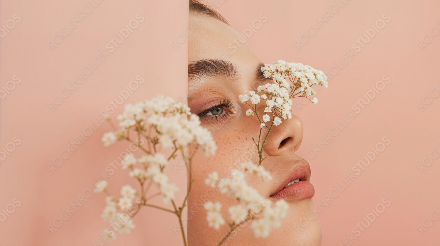 Artistic Portrait with Flowers and Soft Peach Background