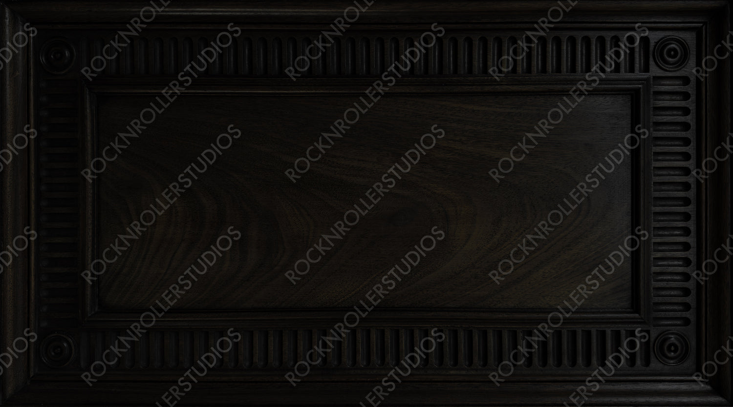 Elegant Dark Wood Panel with Ornate Carving and Classic Design. Wood Texture Background with copy-space.