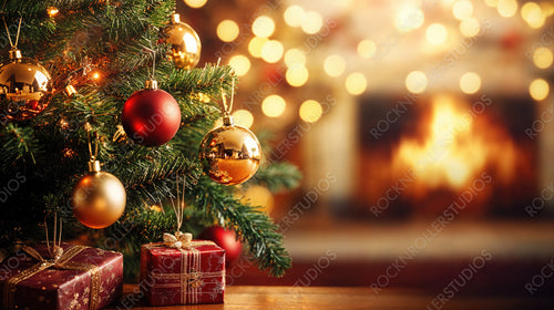 Festive Christmas Tree Decorated with Ornaments and Presents by a Cozy Fireplace