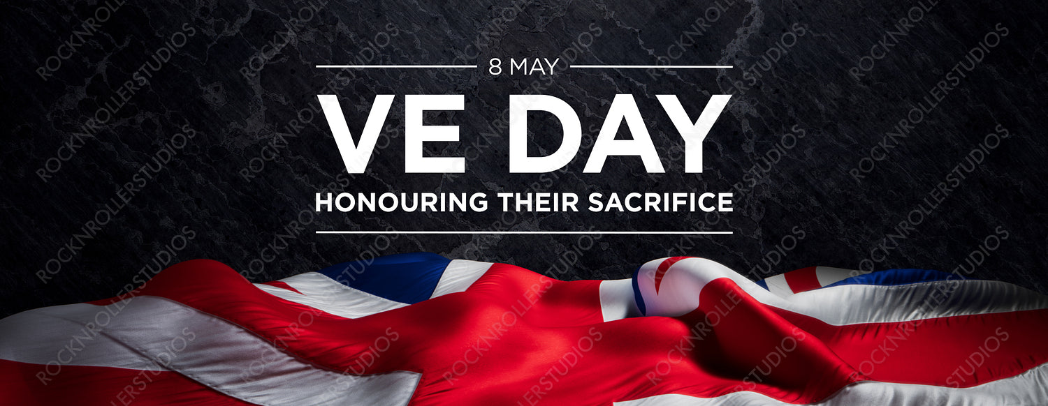 Dynamic VE Day Tribute: Union Jack Flag and Commemorative Text on Textured Background