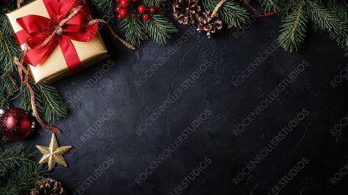 Elegant Christmas Gift Wrapped with Gold Ribbon and Pine Decorations on a Classic Dark Background