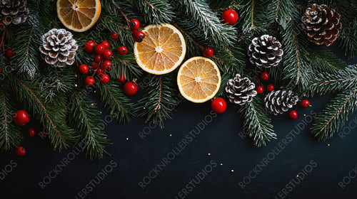 Festive Christmas Decorations with Oranges, Pine Cones, and Baubles on Snow-Dusted Pine Branches